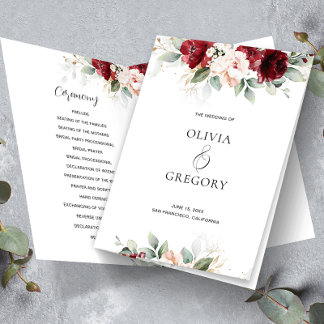 Bourgondië en Blush Roze Bloemen Trouwprogramma