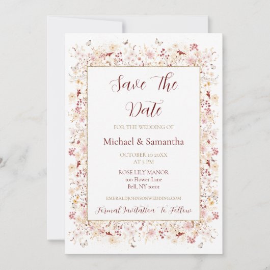 Bourgondië en Blush Wildflower bruiloft Save The Date (Voorkant)