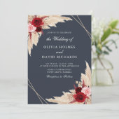 Bourgondié en donker stoffig blauwe trouwuitnodigi kaart (Staand voorkant)