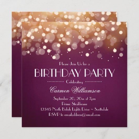 Bourgondië en goud Bokeh Lights Verjaardag Uitnodi Kaart (Voorkant / Achterkant)