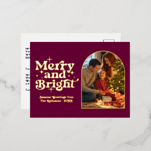 Bourgondië en Goud Kerstmis Merry and Bright Retro Folie Feestdagen Briefkaart