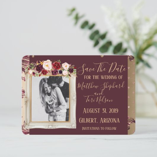 Bourgondië en goud redden de datum save the date (Staand voorkant)