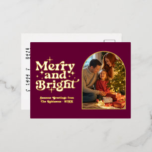 Bourgondië en goud Vrolijk en helder Retro Kerstmi Folie Feestdagen Briefkaart