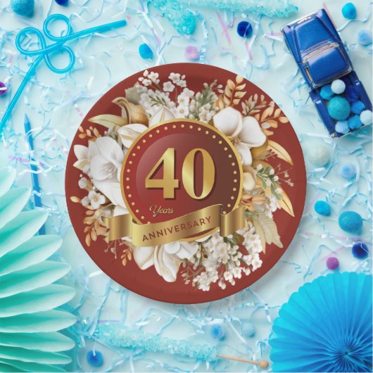Bourgondië en gouden bloem 40e bruiloft Jubileum Papieren Bordje (Feest)