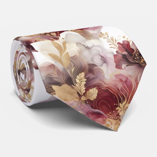 Bourgondië en Gouden Glitter floral Agate Stropdas (Opgerold)