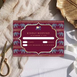 Bourgondië en gouden olifant Indiase bruiloft RSVP Kaartje