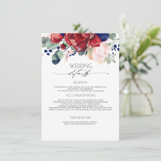 Bourgondië en marine blauw bruiloft informatie gas informatiekaartje (Staand voorkant)