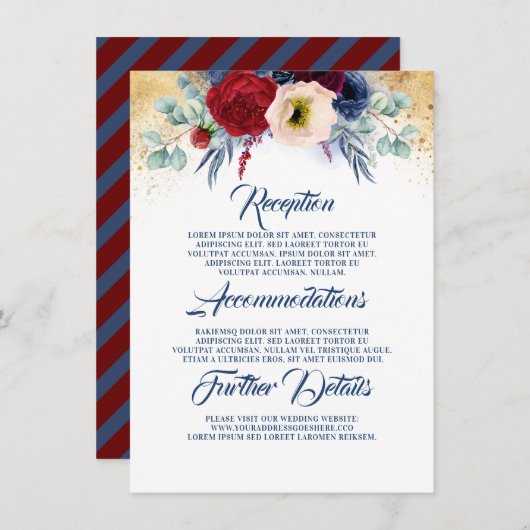 Bourgondië en marine blauw bruiloft informatie gas informatiekaartje (Voorkant / Achterkant)