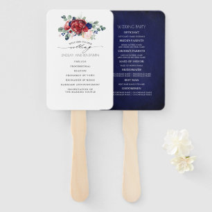 Bourgondië en marine blauw Floral bruiloft program Handwaaier