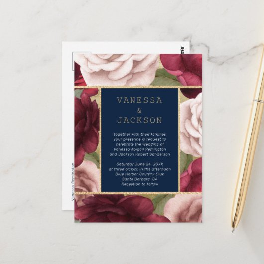 Bourgondië en marine blauwe bruiloft uitnodiging (Voorkant / Achterkant in situ)