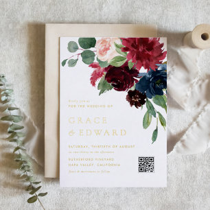 Bourgondie en Navy Blauwe Bloemencode QR Huwelijk Folie Uitnodiging