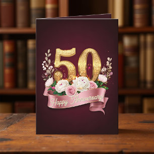 Bourgondië en Roos Floral 50 bruiloft Jubileum Kaart