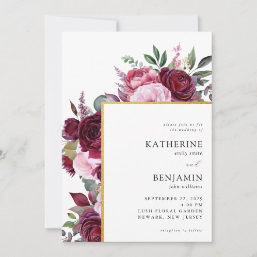 Bourgondië en roze elegante bloemenbruiloft kaart (Voorkant)