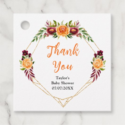 Bourgondië en Sinaasappel Bloemen Baby shower Dank Bedankjes Labels (Voorkant)