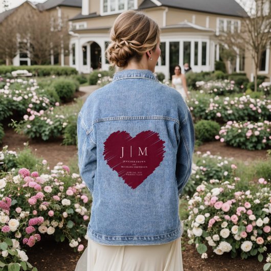 Bourgondië en Wit Formeel Eenvoudig Monogram hart Denim Jacket (Huwelijk Achterkant)