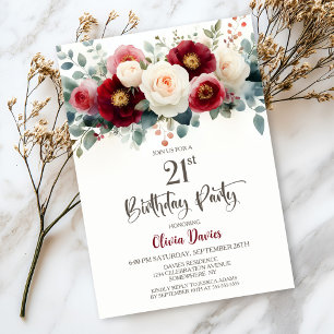 Bourgondië en witte bloemen 21e verjaardagsfeest kaart