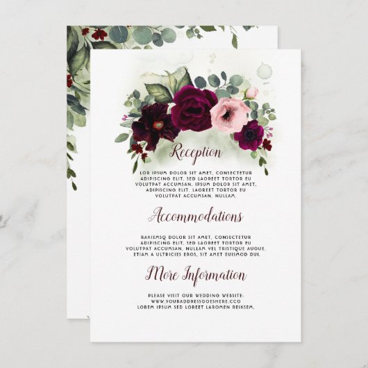 Bourgondië Floral bruiloft Details Informatie Gast Informatiekaartje (Voorkant / Achterkant)