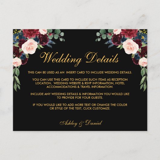 Bourgondië Floral bruiloft Details invoegen Kaart (Voorkant)