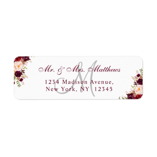 Bourgondië Floral Elegant Monogram Trouwadres Etiket (Voorkant)