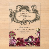 Bourgondië Goud Alice in Wonderland Trouwen Acryl Uitnodigingen (Voorkant)