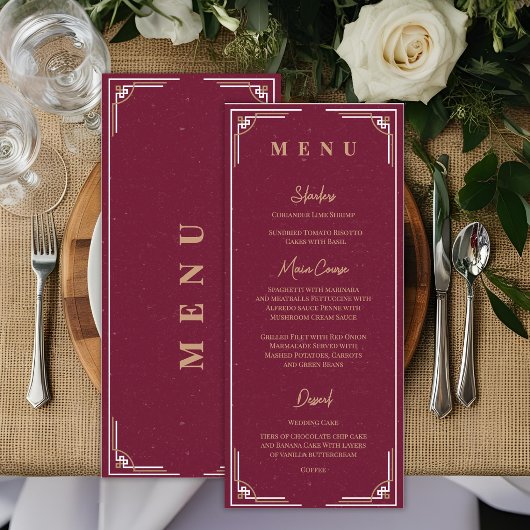 Bourgondië Goud Art Deco Trouwreceptie Diner Menu