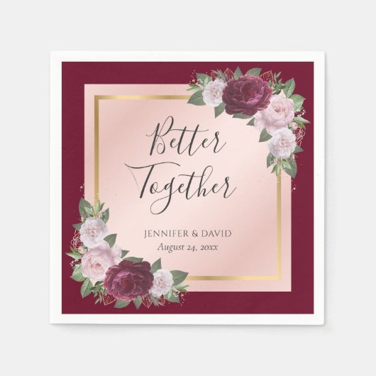 Bourgondië Goud Blush Bloemen Bruiloft Servetten (Voorkant)