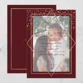 Bourgondië Goud Confetti Geo Border Foto bruiloft Kaart (Voorkant / Achterkant)