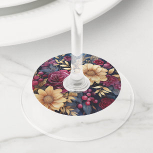 Bourgondië, goud en marine bloemen wijnglaslabel