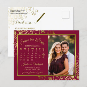 Bourgondië & Goud Huwelijk Save Datum Kalender Fot Aankondigingskaart