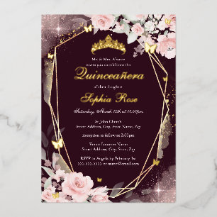 Bourgondië Goud Roze Vlinder Bloemige Quinceanera Folie Uitnodiging