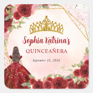 Bourgondië Gouden Glitter Bloemen Prinses Tiara Fa Vierkante Sticker