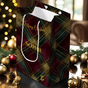 Bourgondië, Groen, & Goud Crisscross geruit Kerstm Medium Cadeauzakje
