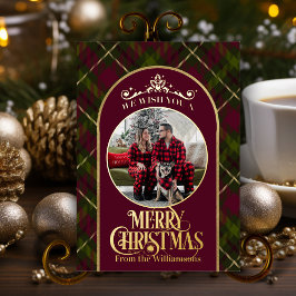 Bourgondië & Groen Plaid Met Naam & Foto Kerstmis Folie Feestdagenkaart