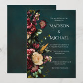 Bourgondië & Groene Bloemen Moderne Bruiloft Kaart (Voorkant / Achterkant)