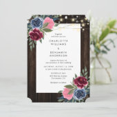 Bourgondië Marine Blauw Roze Rustiek Hout Bloemen Kaart (Staand voorkant)