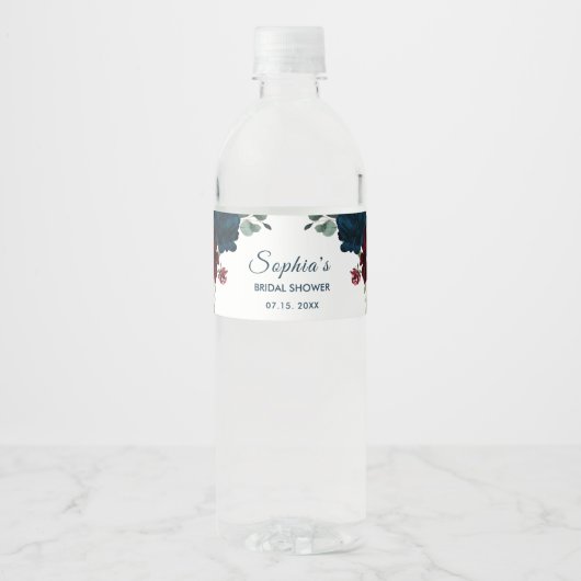 Bourgondië & Marine Bloemen Rustieke Bruids Water  Waterfles Etiket (Voorkant)