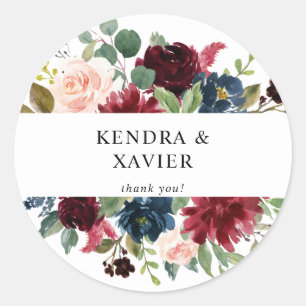 Bourgondië & Marine, Blush Roze Bloemen Dank u Ronde Sticker
