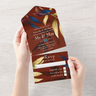 Bourgondië, marine en goud tropenhuwelijk all in one uitnodiging