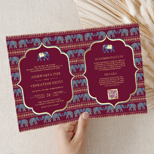 Bourgondië Marineblauw Goud Olifant Indische Bruil