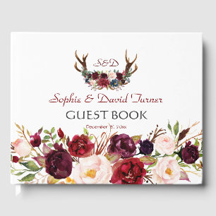 Bourgondië Marsala Bloem Herten Monogram Trouwdag Gastenboek