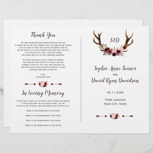 Bourgondië Marsala Bloem Takken Bruiloftsprogramma (Voorkant / Achterkant)