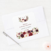 Bourgondië Marsala Bloem Takken Monogram Bruiloft Vierkante Sticker (Envelop)