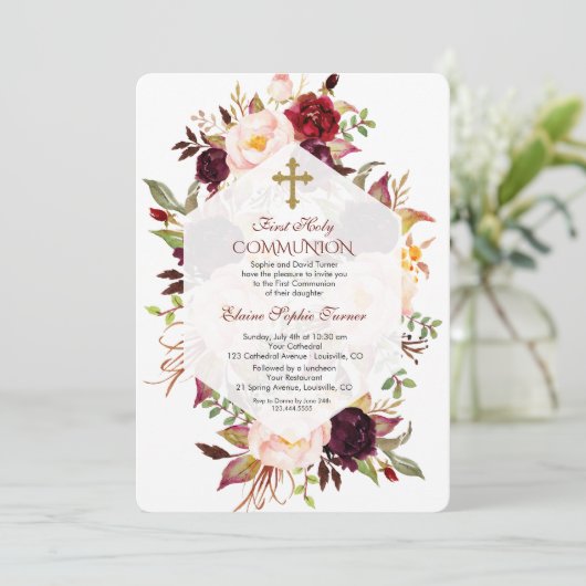 Bourgondië Marsala Bloemrijke Geometrische Eerste Kaart (Staand voorkant)