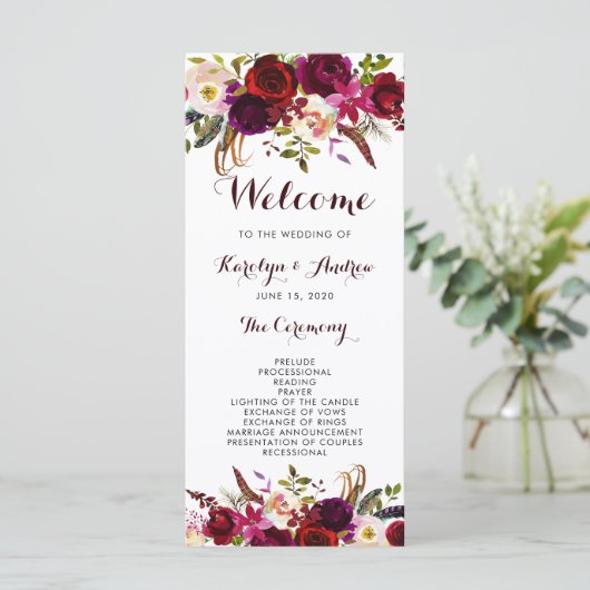 Bourgondië Marsala Bohemian Floral bruiloft progra Programma (Staand voorkant)