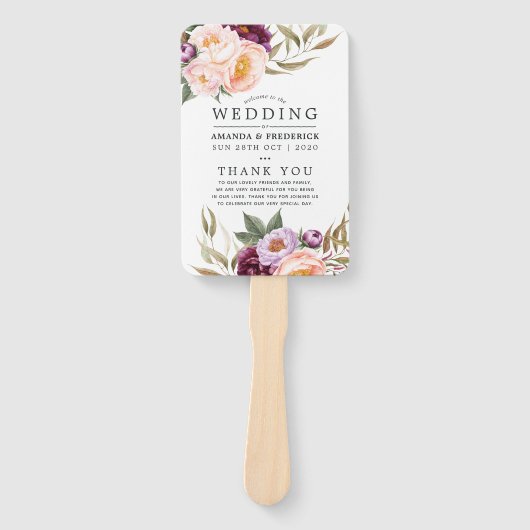 Bourgondië Marsala en Perzik Bloemen Trouwprogramm Handwaaier (Voorkant)