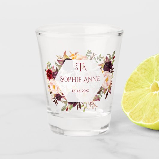 Bourgondië Marsala Floral geometrisch monogram Shot Glas (Voorkant)