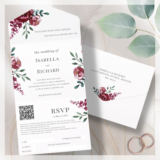 Bourgondië | Marsala Red Floral | QR-code RSVP All In One Uitnodiging