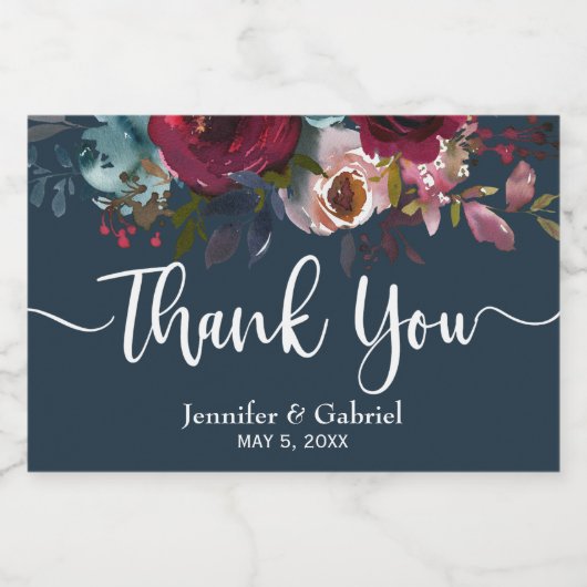 Bourgondië Marsala Rode Marine Bloemen Bruiloft Da Sparkling Wijnetiket (Enkel label)