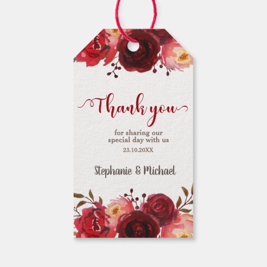 Bourgondië Marsala Rode rozen Bloemenbruiloft Cadeaulabel (Achterkant)