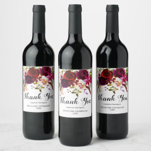 Bourgondië Marsala Rood Rustiek Boho Bloemen Dank  Wijn Etiket